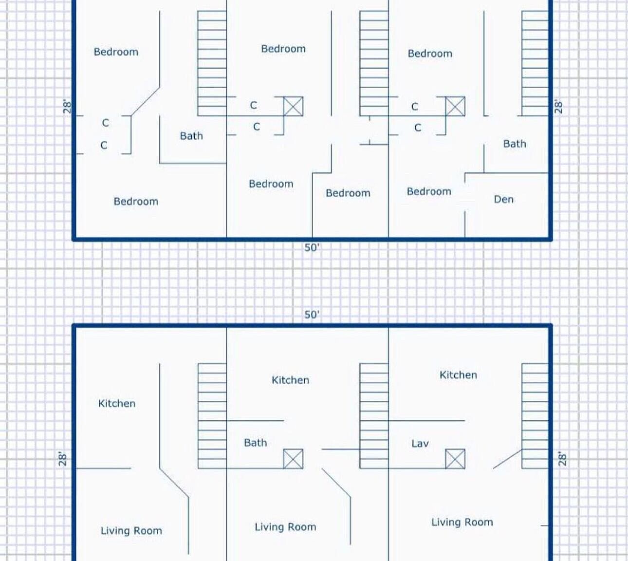 Architectural floor plan showing two stories of the triple townhouse compound: upper floor with three bedrooms per unit and lower floor with kitchens and living rooms across all three units
